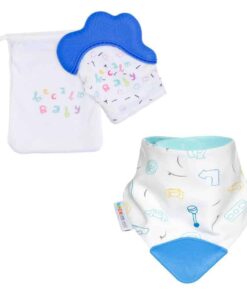 becalm baby blue mitten and car teething bib combo