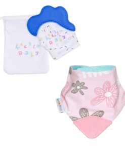 becalm baby blue mitten and flower teething bib combo