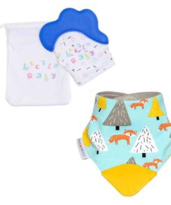 becalm baby blue mitten and fox teething bib combo