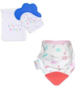 becalm baby blue mitten and butterly teething bib combo