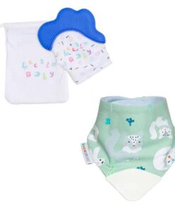 becalm baby blue mitten and white fox teething bib combo