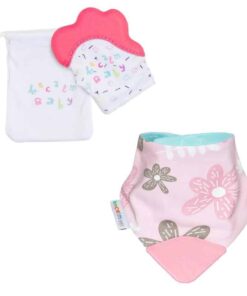 becalm baby pink mitten and flower teething bib combo