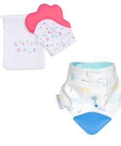 becalm baby pink mitten and car teething bib combo