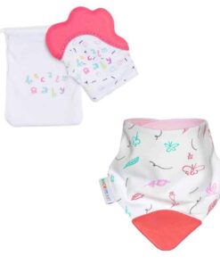 becalm baby pink mitten and butterfly teething bib combo