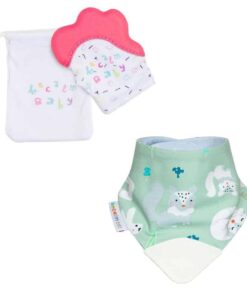 becalm baby pink mitten and white fox teething bib combo