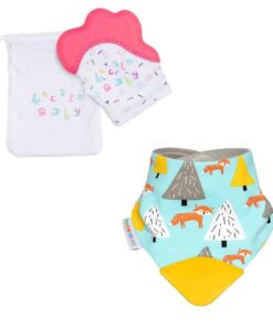 becalm baby pink mitten and fox teething bib combo