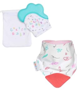 becalm baby teal mitten and butterfly teething bib combo