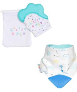 becalm baby teal mitten and car teething bib combo