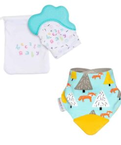 becalm baby teal mitten and fox teething bib combo