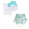 becalm baby teal mitten and white fox teething bib combo