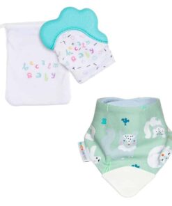 becalm baby teal mitten and white fox teething bib combo